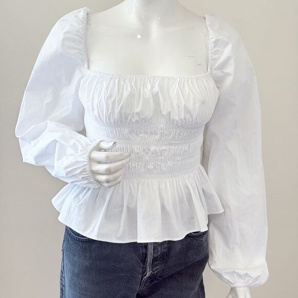 STAUD Jules White Ruched Smocked Poplin Top Oversized Puffy Sleeves Square Neck - Picture 1 of 7